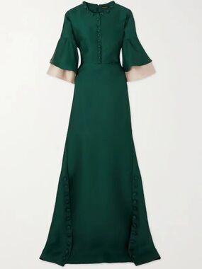 Reem Acra Button Embellished Ruffled Satin Gown – Green – Size XL – NWT